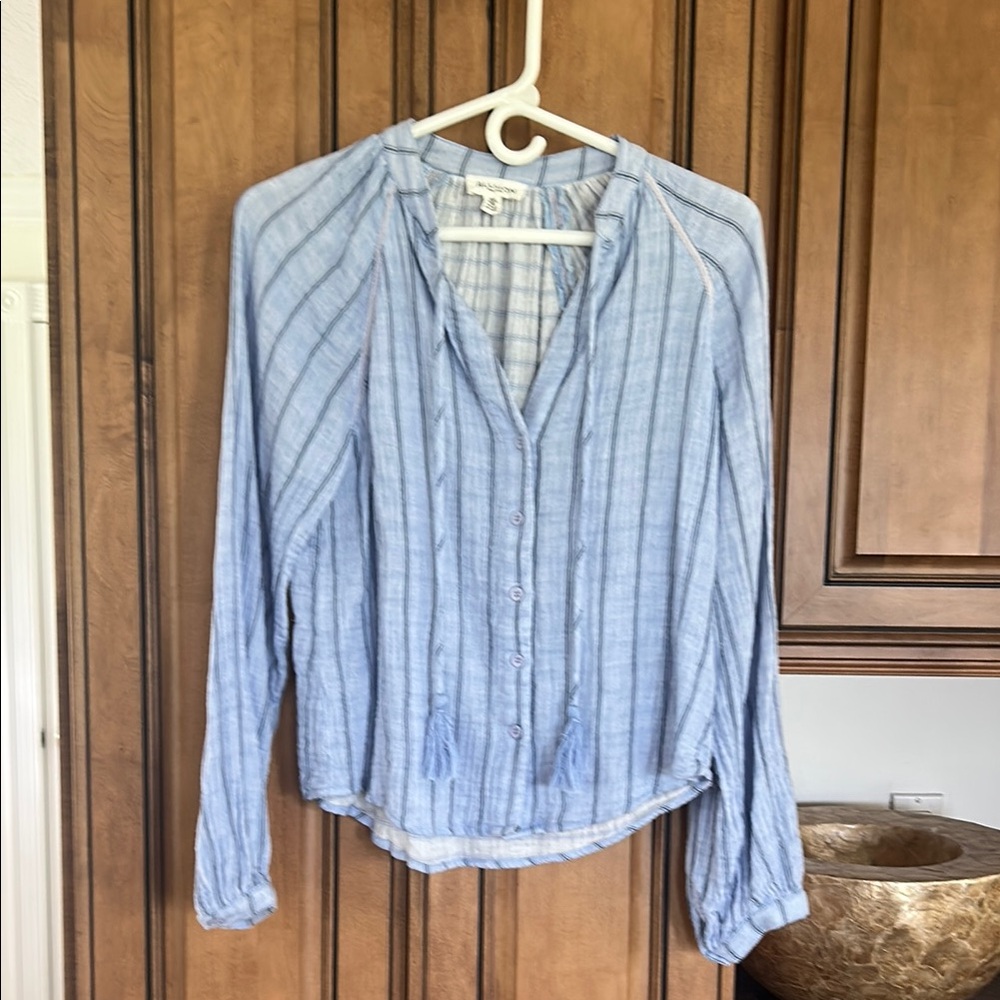 Allison New york Blue gauze Striped Women's Top w tassels. Worn once. Size M